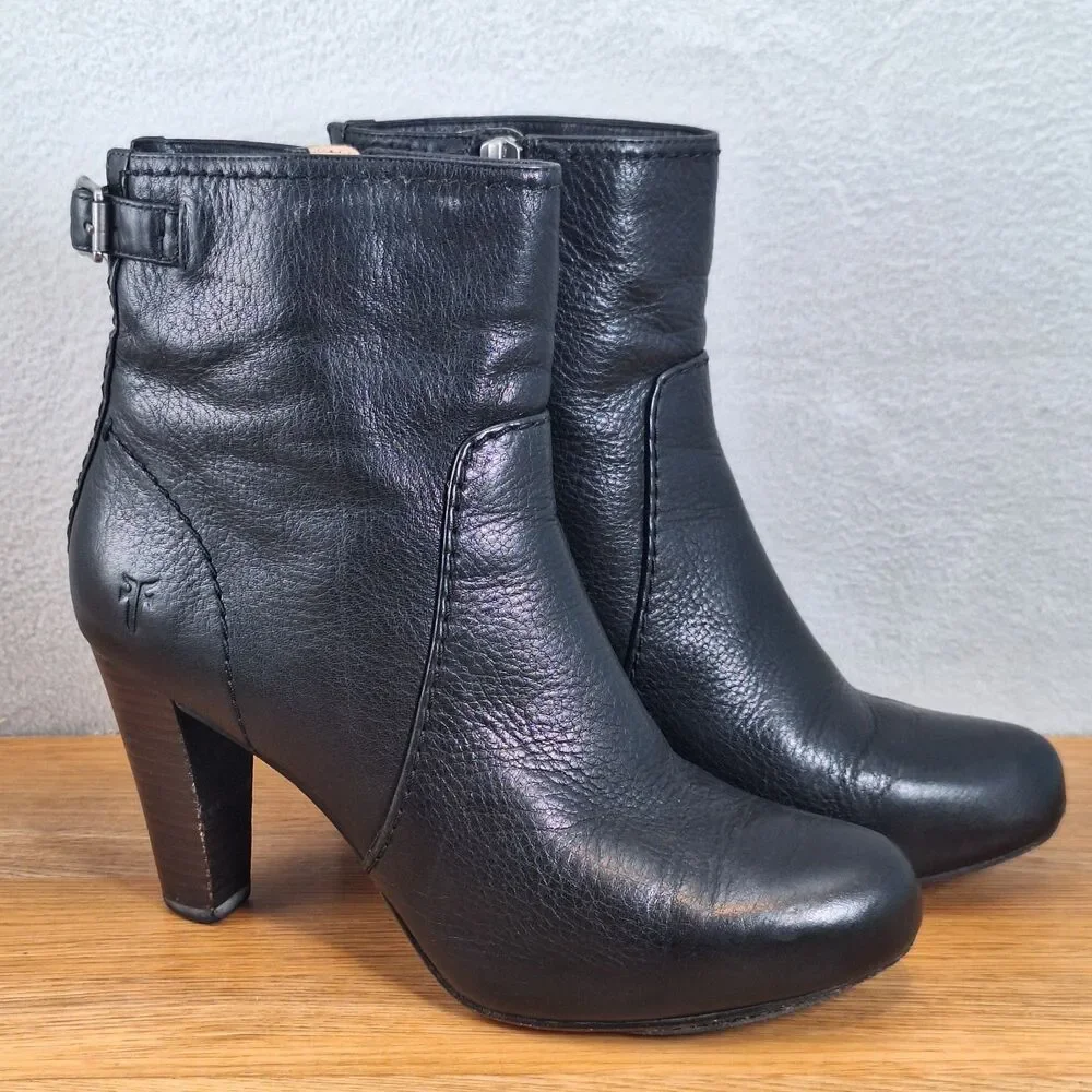 Frye Marissa Women's 6.5 Zip Ankle Boots Black Leather Block Heel Western Bootie